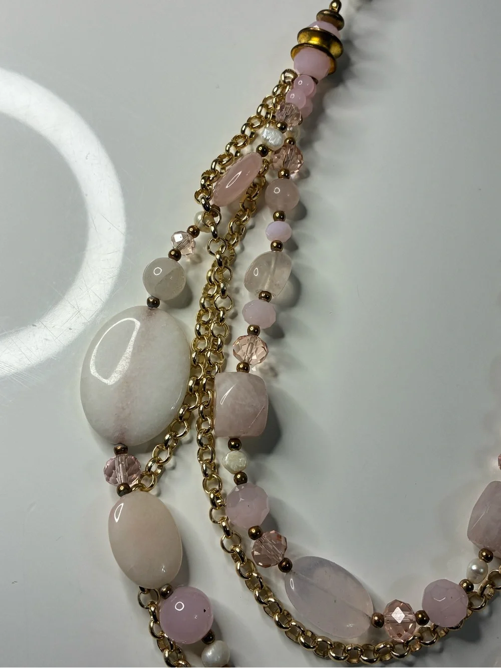 Multi-Strand Pink Rose Quart Chunky Beaded Gold-Tone Statement Necklace 156g